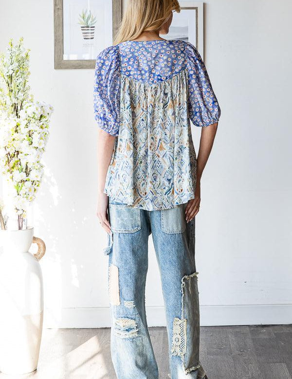 OLI + HALI Folkloric Flower Print Mix Puff Sleeve Top - BLUE on Simply Obsessed