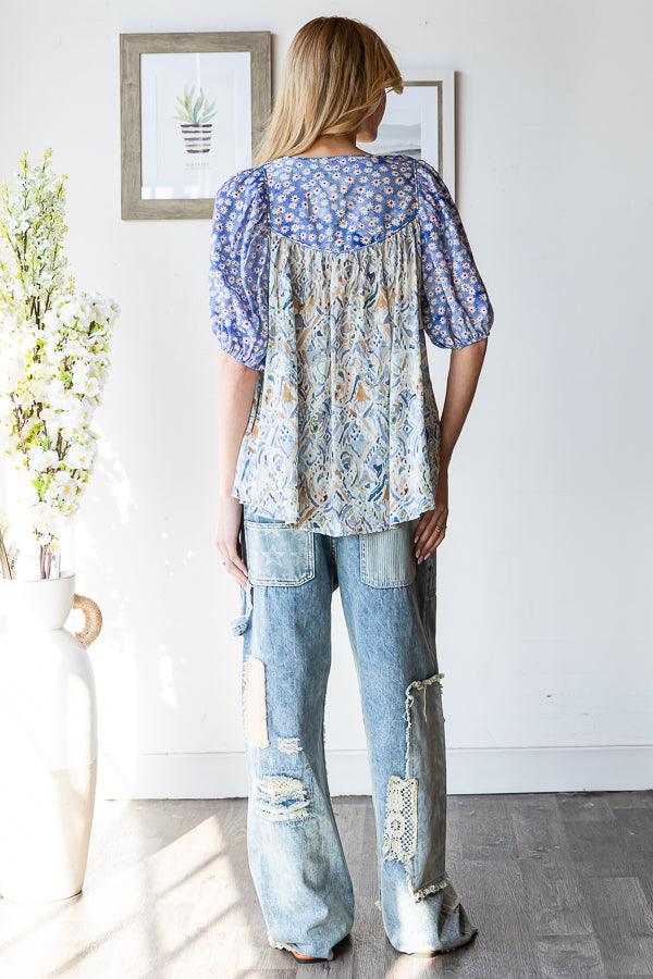 OLI + HALI Folkloric Flower Print Mix Puff Sleeve Top - BLUE on Simply Obsessed