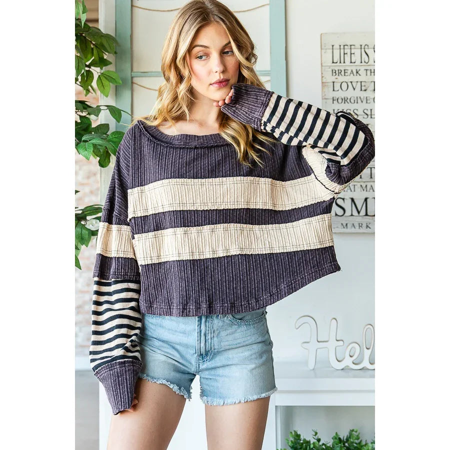 OLI + HALI Mixed Fabric Long Sleeve Top - NAVY on Simply Obsessed
