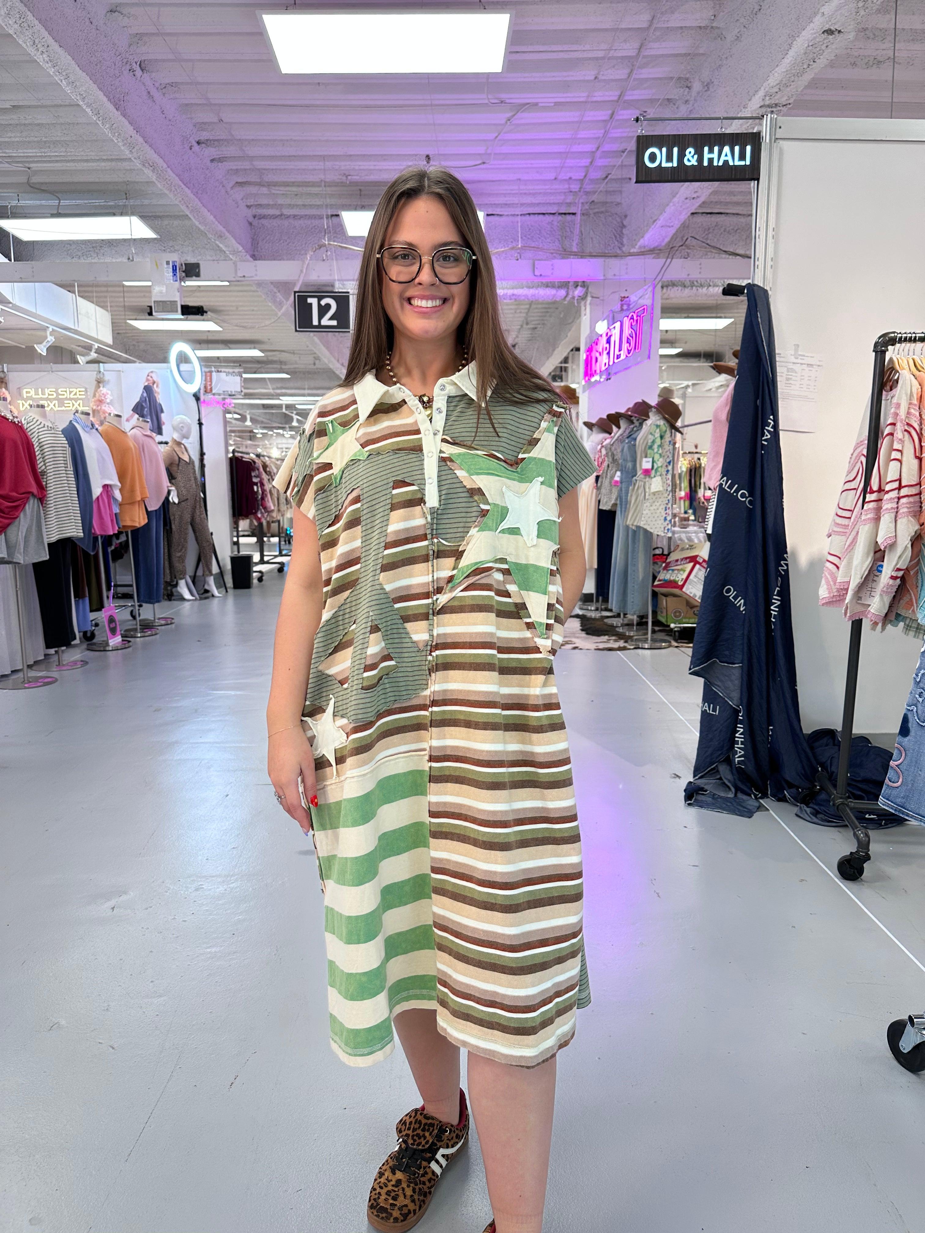OLI + HALI Striped Peace/Star Dress-GREEN on Simply Obsessed
