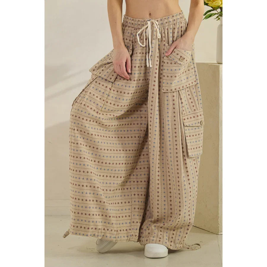 OLI + HALI Washed 3D Pocket Flower Pattern Pants - TAN on Simply Obsessed