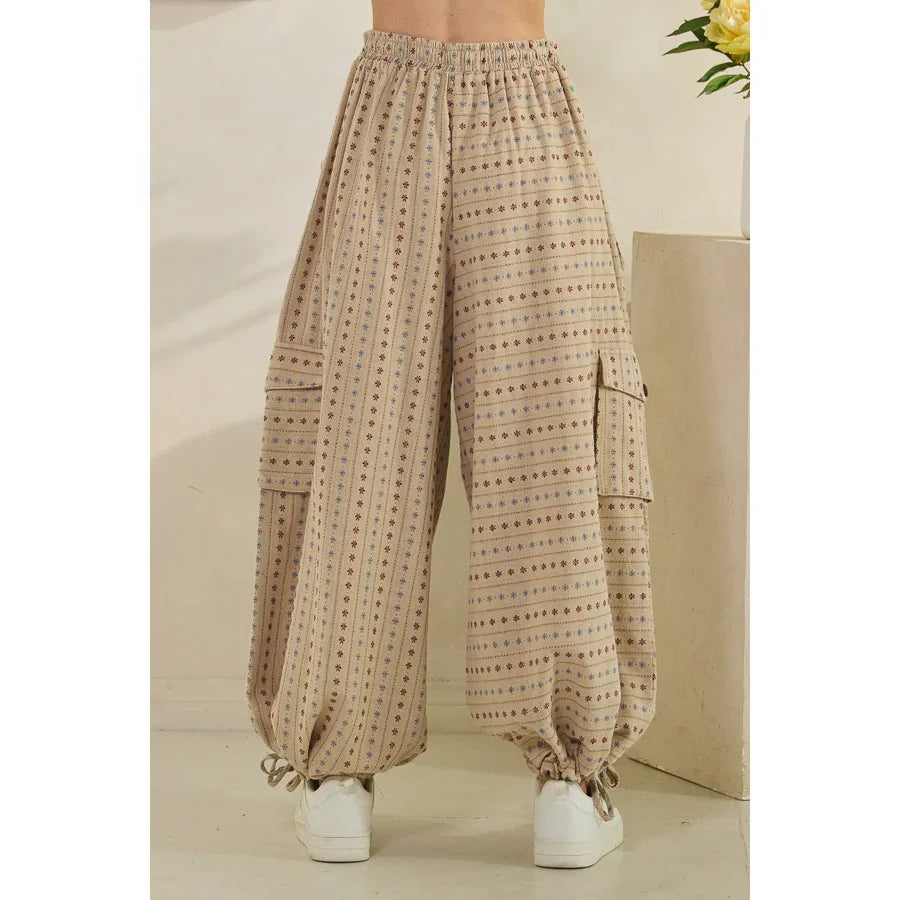 OLI + HALI Washed 3D Pocket Flower Pattern Pants - TAN on Simply Obsessed