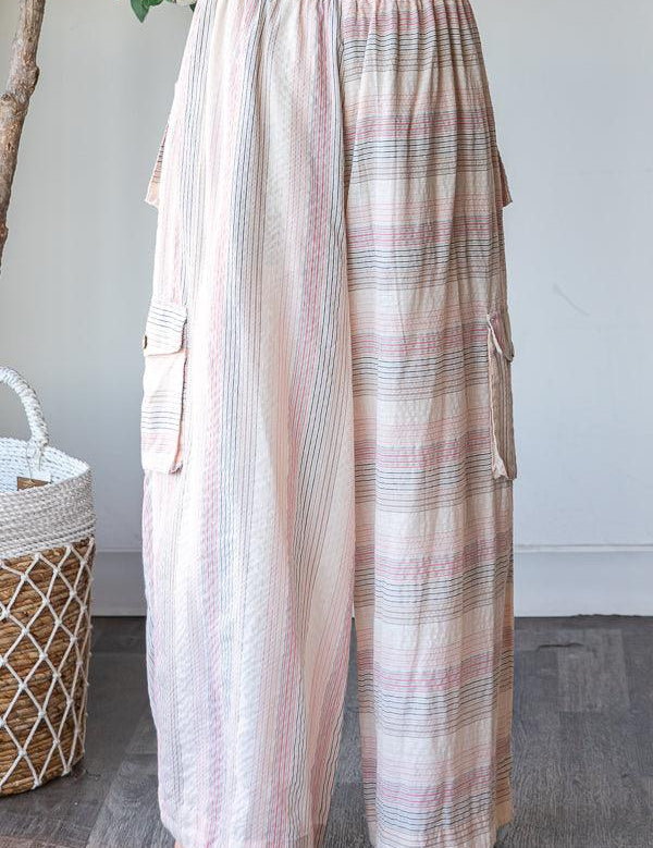 OLI + HALI Washed 3D Pocket Narrow Stripe Wide Leg Pants - PINK on Simply Obsessed