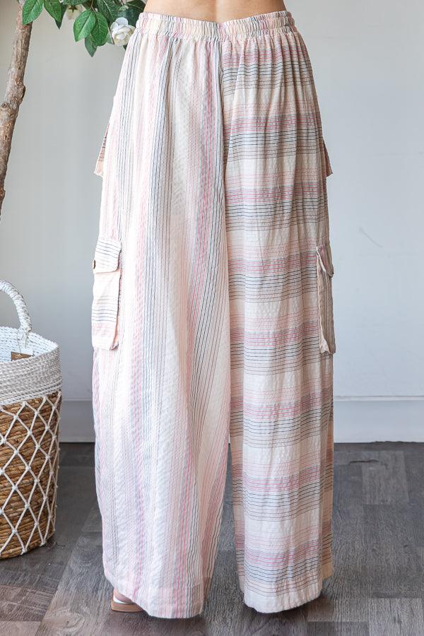 OLI + HALI Washed 3D Pocket Narrow Stripe Wide Leg Pants - PINK on Simply Obsessed