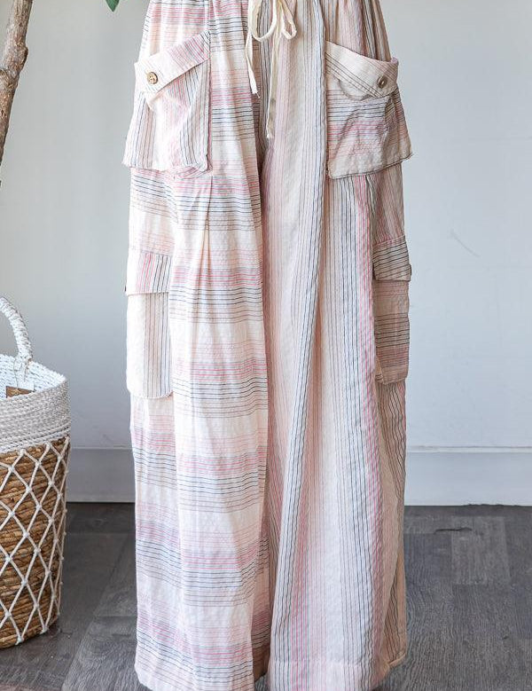 OLI + HALI Washed 3D Pocket Narrow Stripe Wide Leg Pants - PINK on Simply Obsessed