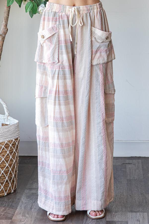 OLI + HALI Washed 3D Pocket Narrow Stripe Wide Leg Pants - PINK on Simply Obsessed
