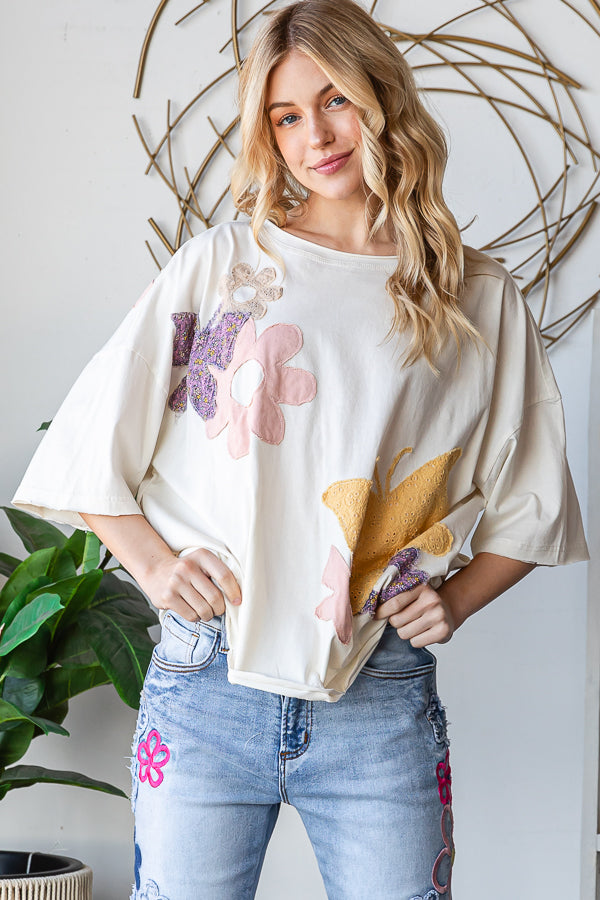 OLI + HALI Washed Flower + Butterfly Top - CREAM on Simply Obsessed