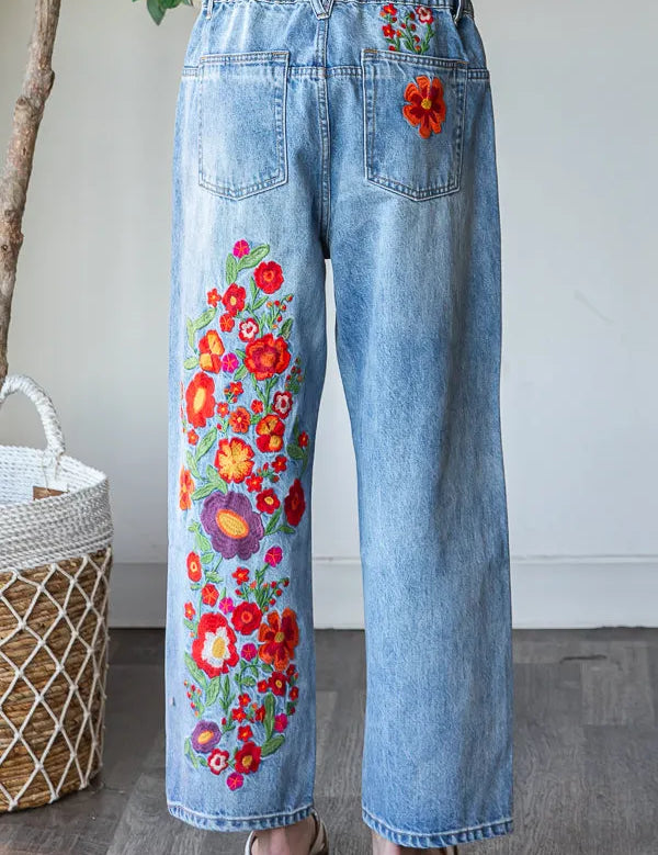 OLI + HALI Washed Flower Embroidery Jeans on Simply Obsessed