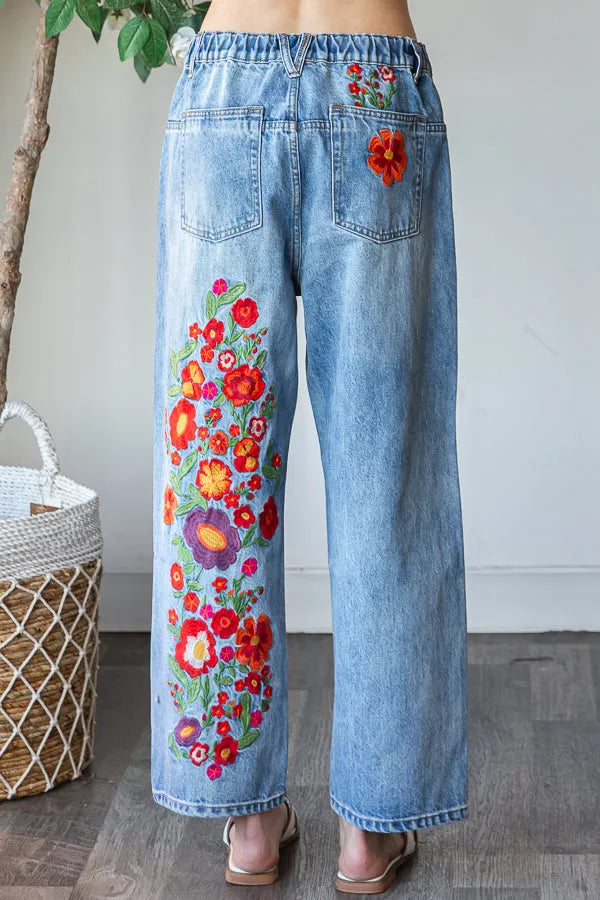 OLI + HALI Washed Flower Embroidery Jeans on Simply Obsessed