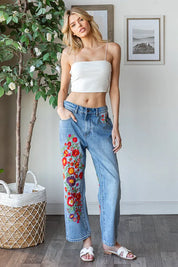 OLI + HALI Washed Flower Embroidery Jeans on Simply Obsessed