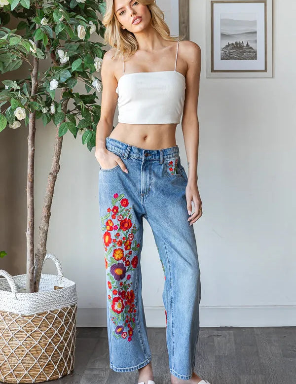 OLI + HALI Washed Flower Embroidery Jeans on Simply Obsessed