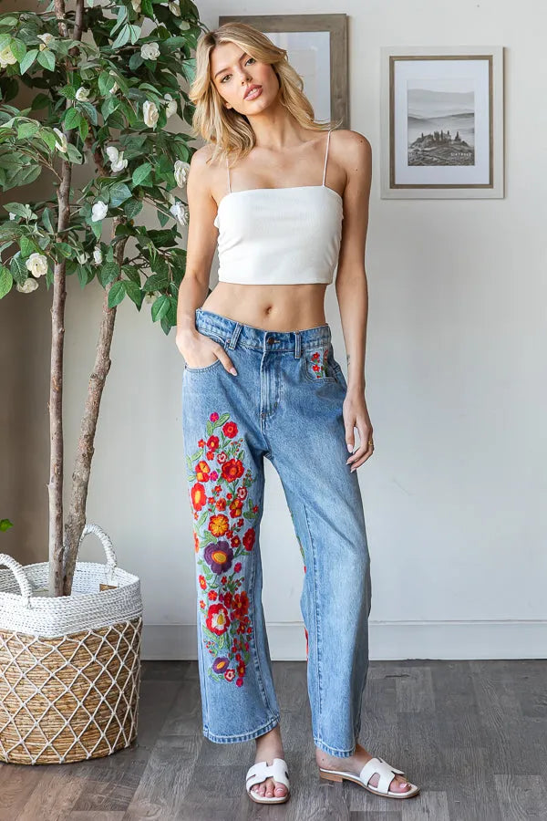 OLI + HALI Washed Flower Embroidery Jeans on Simply Obsessed