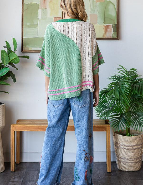 OLI + HALI Washed Knit Lace Mix Top - GREEN on Simply Obsessed