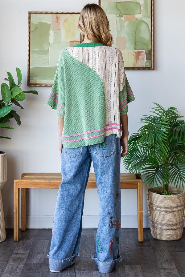 OLI + HALI Washed Knit Lace Mix Top - GREEN on Simply Obsessed
