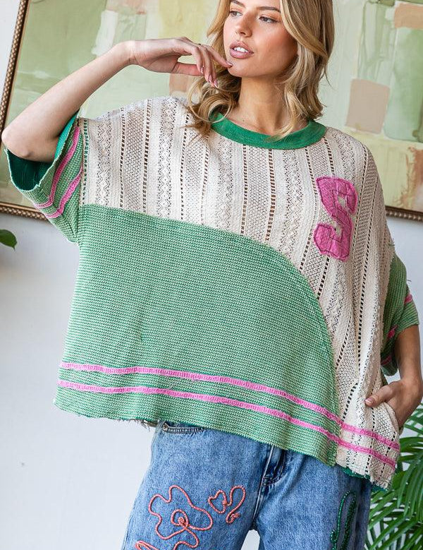 OLI + HALI Washed Knit Lace Mix Top - GREEN on Simply Obsessed
