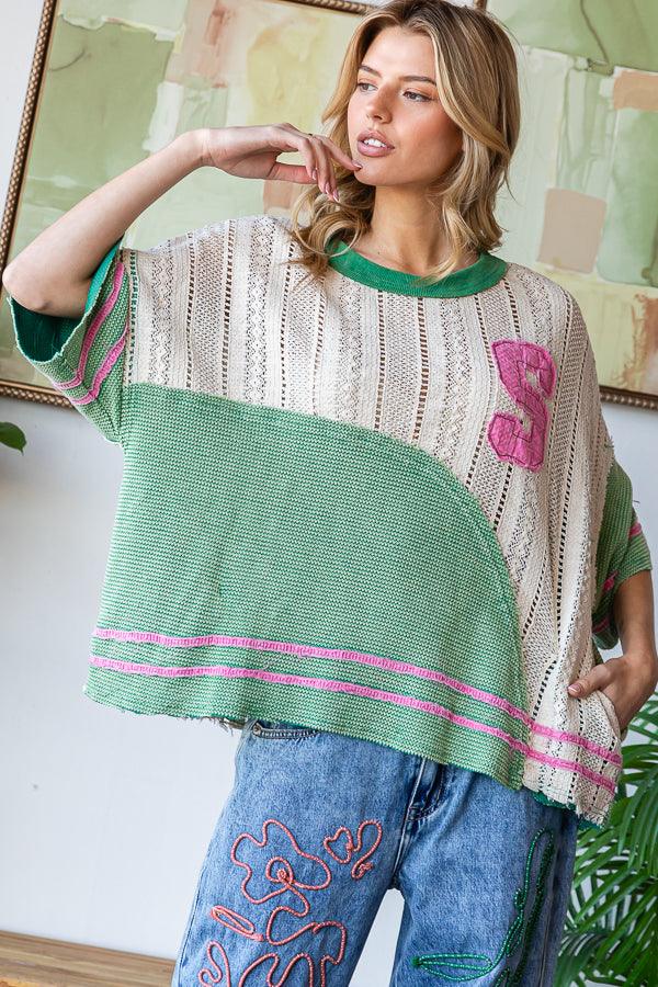 OLI + HALI Washed Knit Lace Mix Top - GREEN on Simply Obsessed