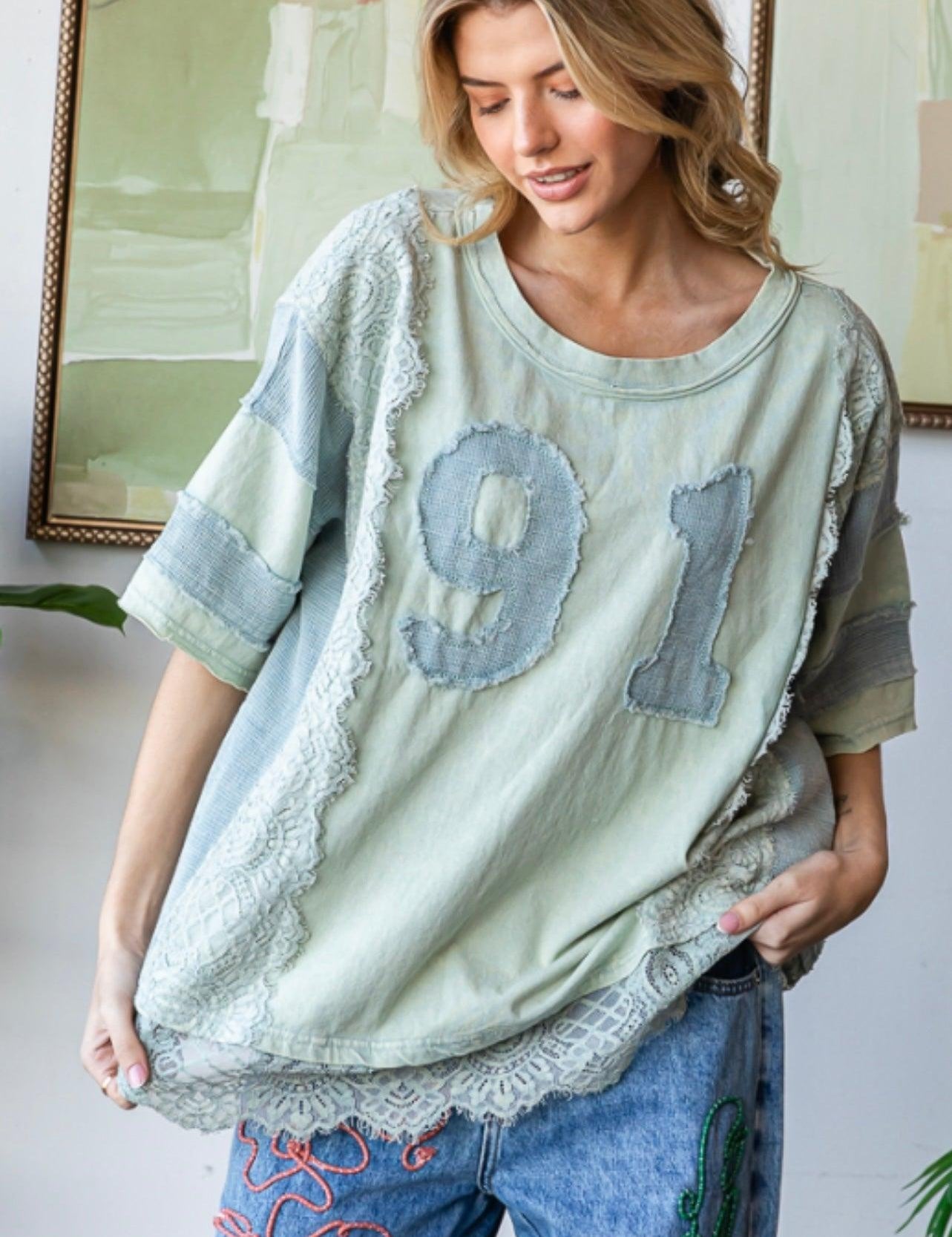 OLI + HALI Washed Lace Mix Tee on Simply Obsessed