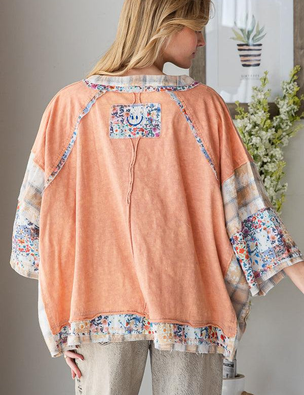 OLI + HALI Washed Multi Print Patchwork Oversized Top - PEACH on Simply Obsessed