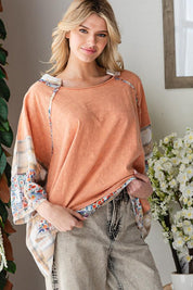OLI + HALI Washed Multi Print Patchwork Oversized Top - PEACH on Simply Obsessed