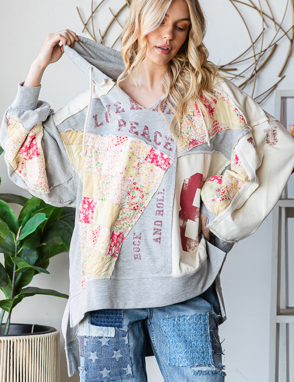 OLI + HALI Washed Patchwork + Graphic Hoodie - H GREY on Simply Obsessed
