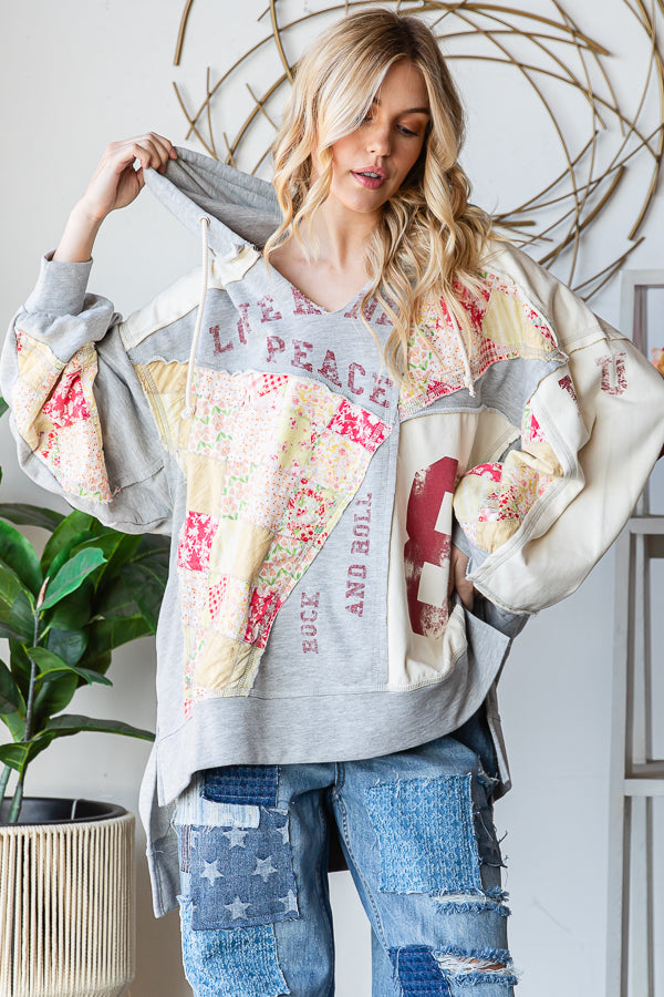 OLI + HALI Washed Patchwork + Graphic Hoodie - H GREY on Simply Obsessed