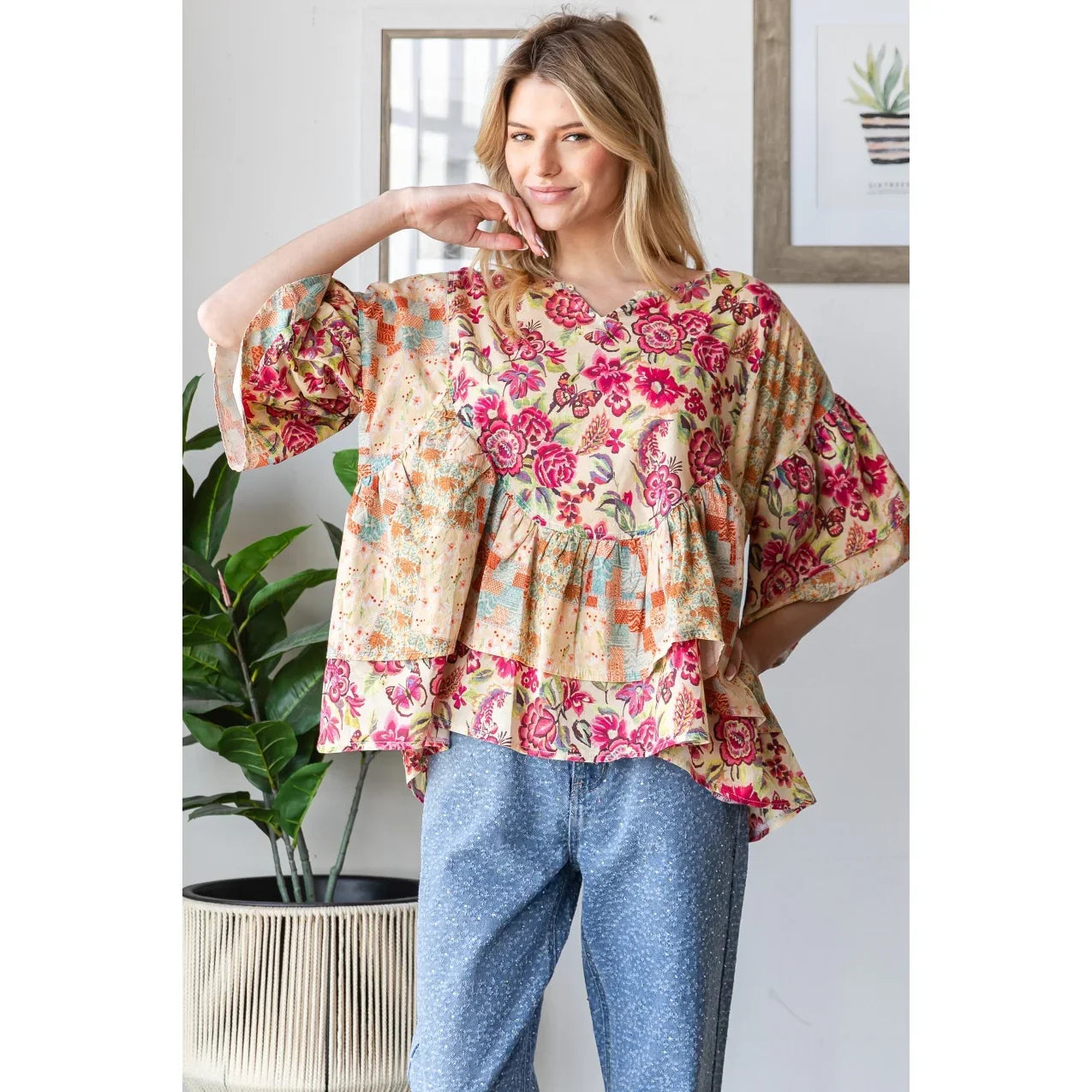 OLI + HALI Washed Ruffle Hem Blouse Top-FUCHSIA on Simply Obsessed