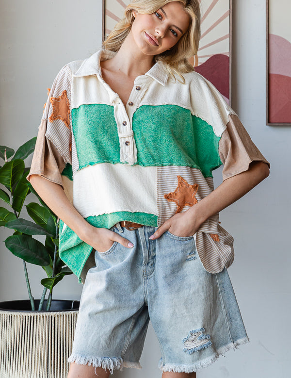 OLI + HALI Washed Star Patch Half Collared Shirt on Simply Obsessed