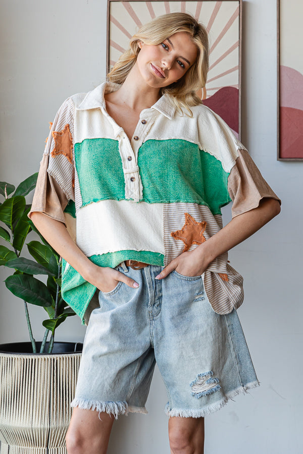 OLI + HALI Washed Star Patch Half Collared Shirt on Simply Obsessed