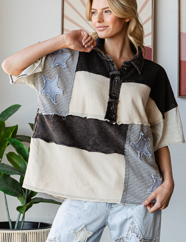 OLI + HALI Washed Star Patch Half Collared Shirt on Simply Obsessed