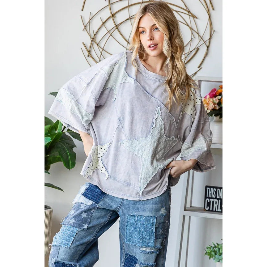 OLI + HALI Washed Star Patch Top - BLUE on Simply Obsessed