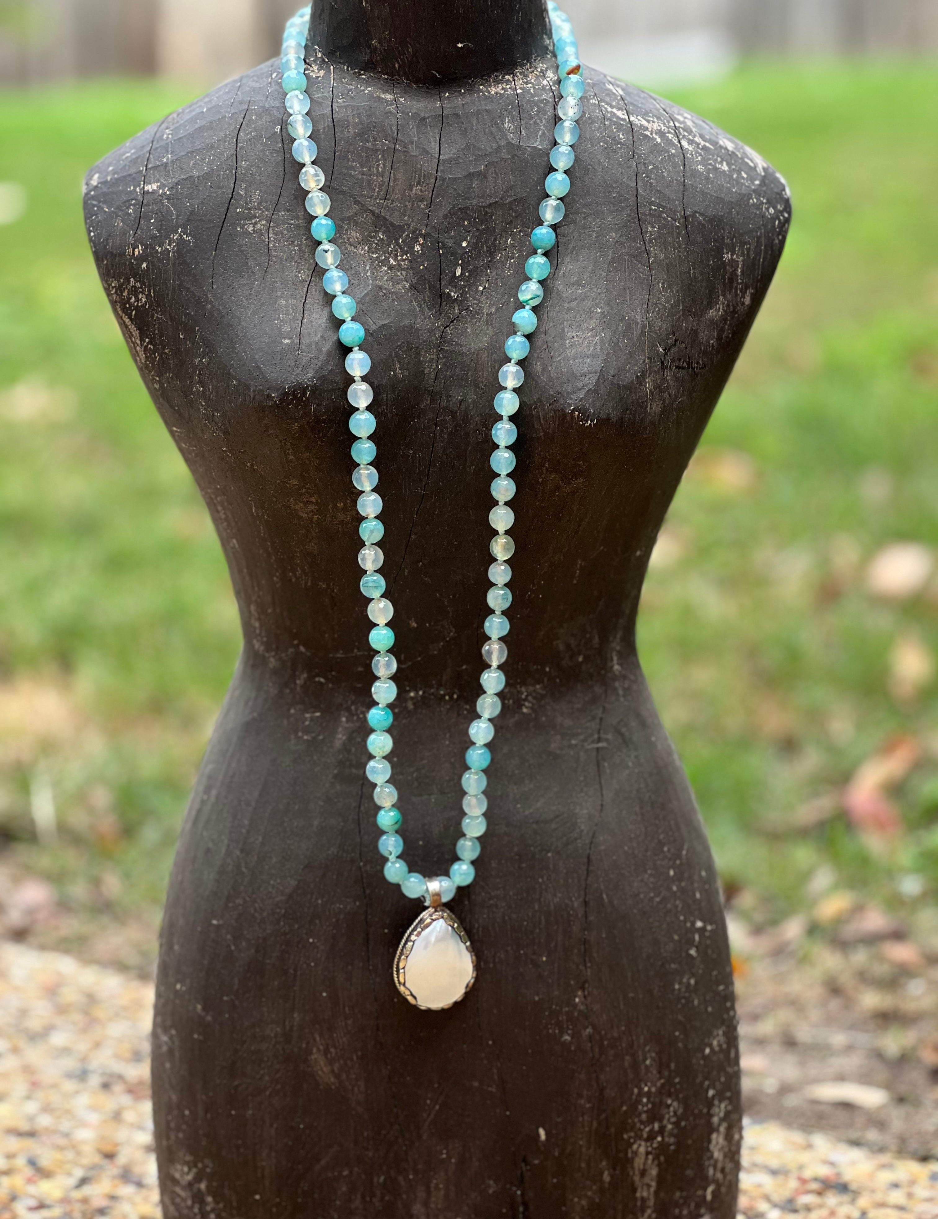 One of a Kind Aquamarine Tibetan Silver & Freshwater Pearl Hand Knotted Necklace on Simply Obsessed