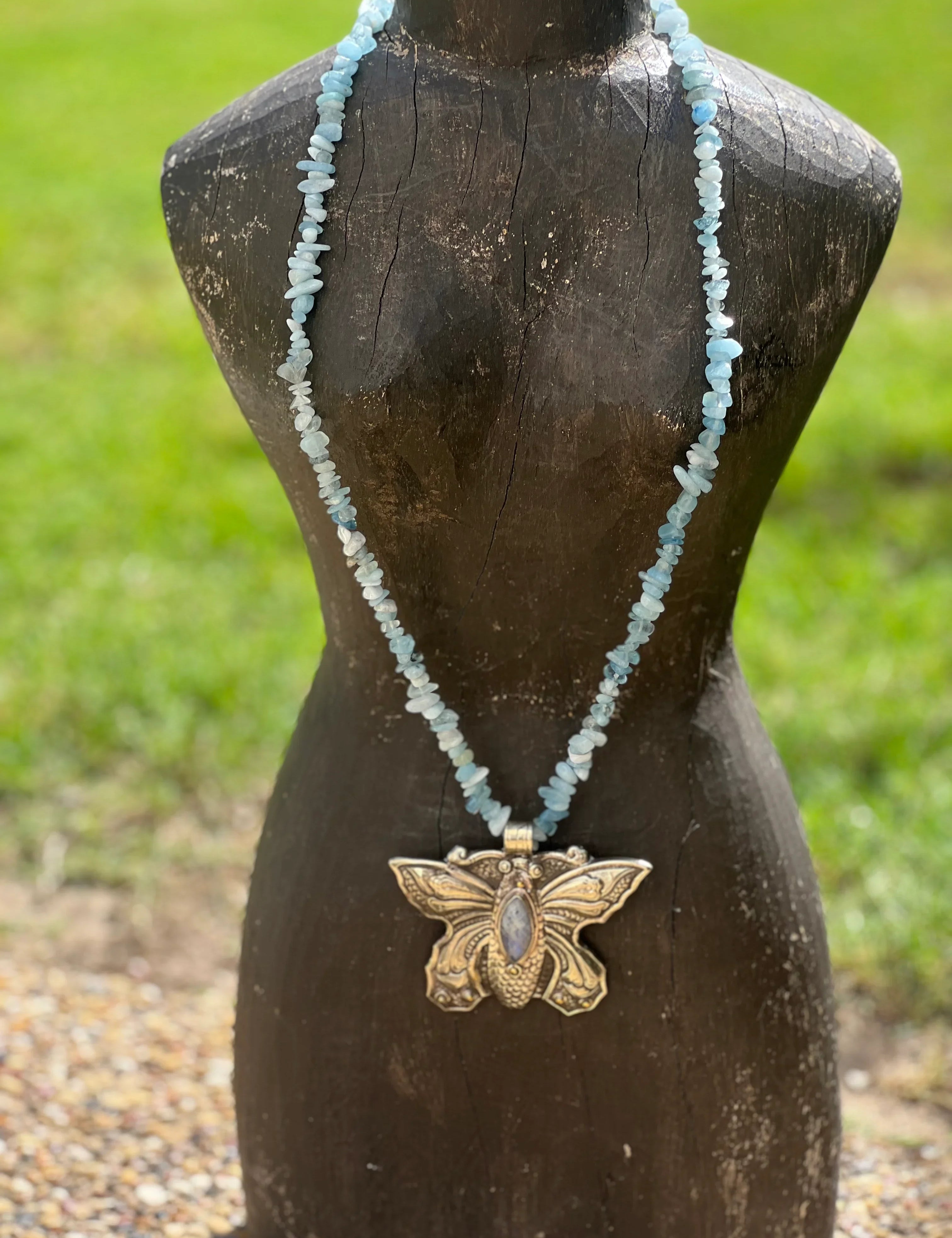 One of a Kind Aquamarine Tibetan Silver Rainbow Moonstone Butterfly Necklace on Simply Obsessed