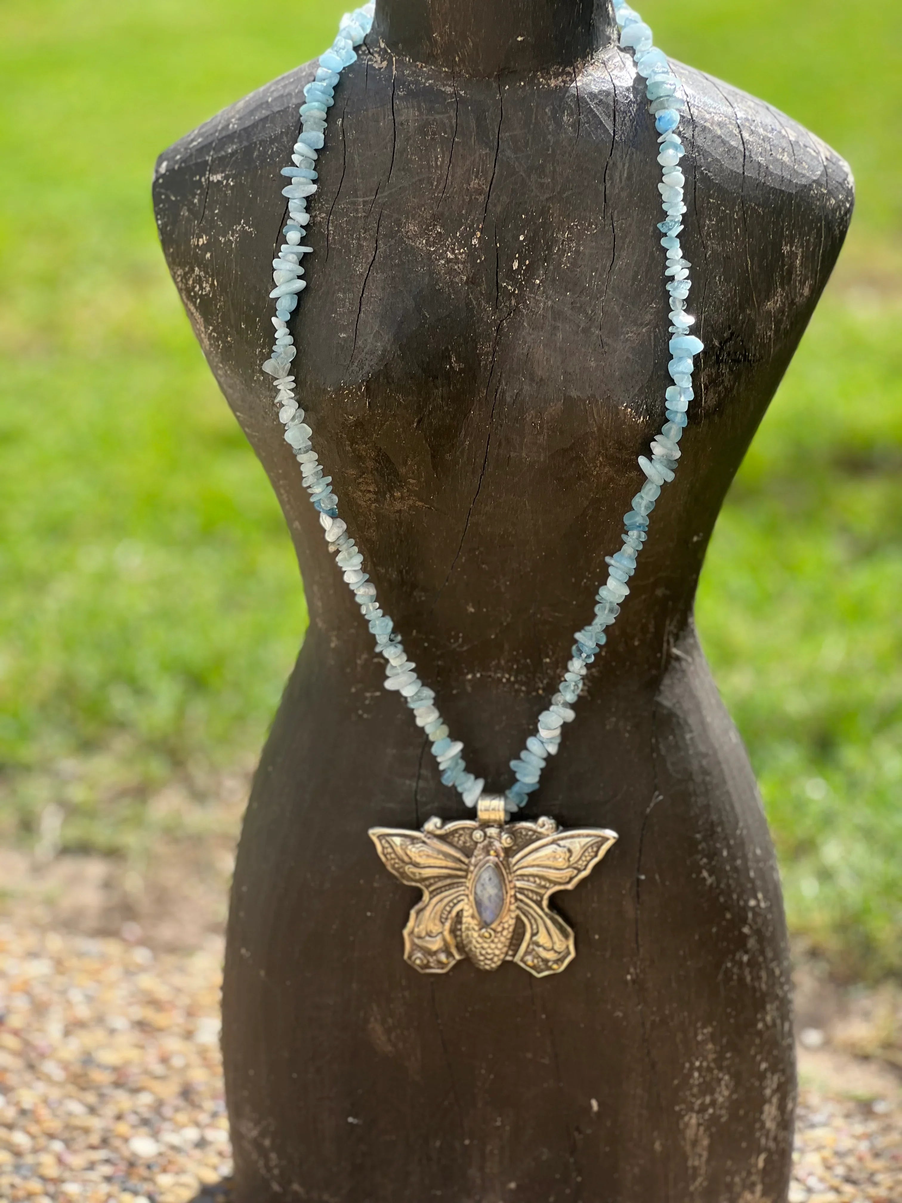 One of a Kind Aquamarine Tibetan Silver Rainbow Moonstone Butterfly Necklace on Simply Obsessed