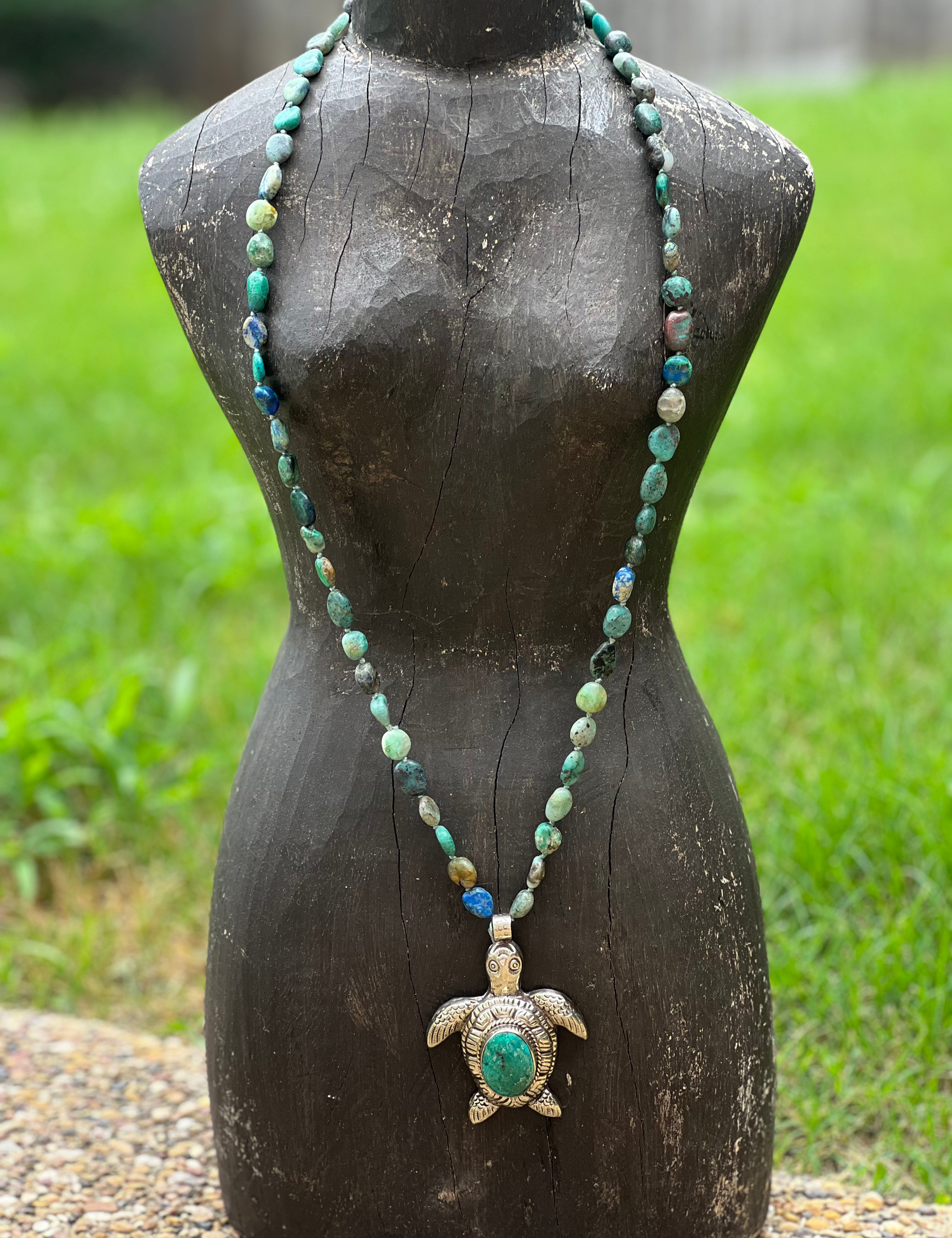 One of a Kind Azurite Tibetan Silver Chrysocolla Turtle Necklace on Simply Obsessed