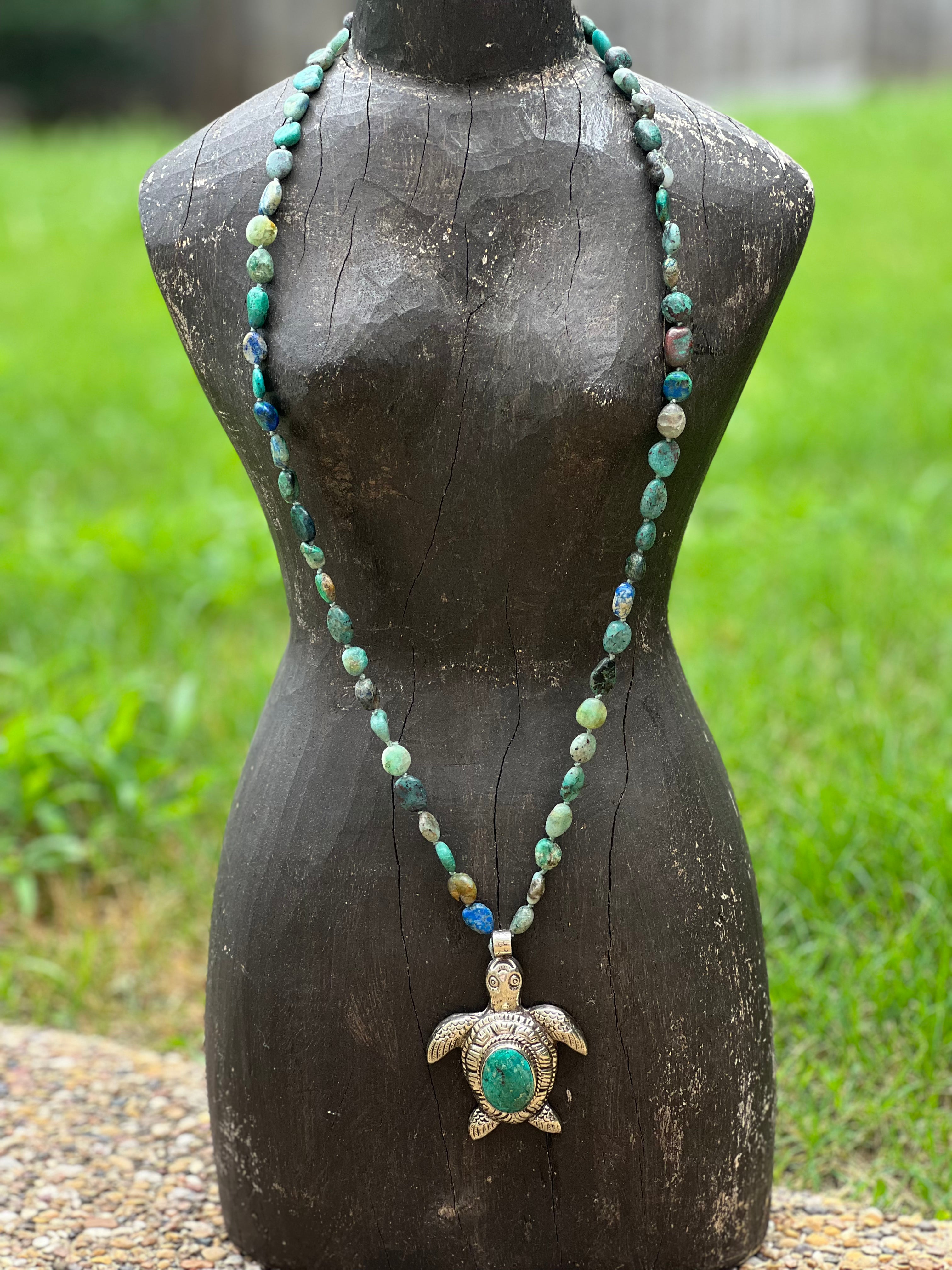 One of a Kind Azurite Tibetan Silver Chrysocolla Turtle Necklace on Simply Obsessed