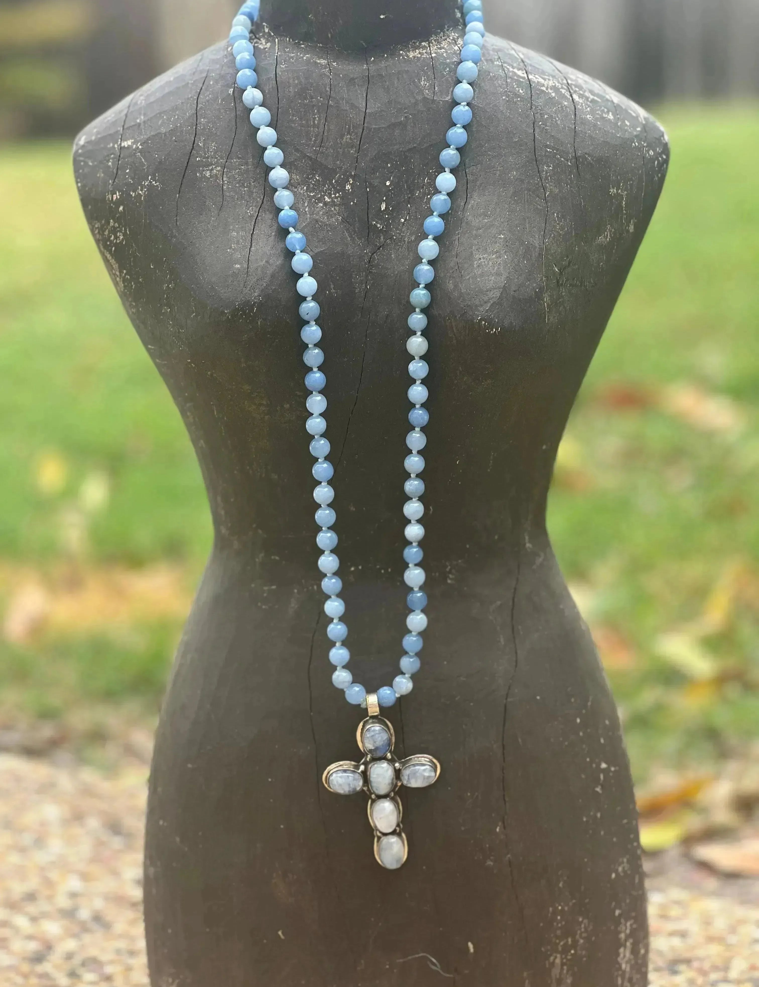One of a Kind Blue Chalcedony Tibetan Silver Rainbow Moonstone Cross Necklace on Simply Obsessed