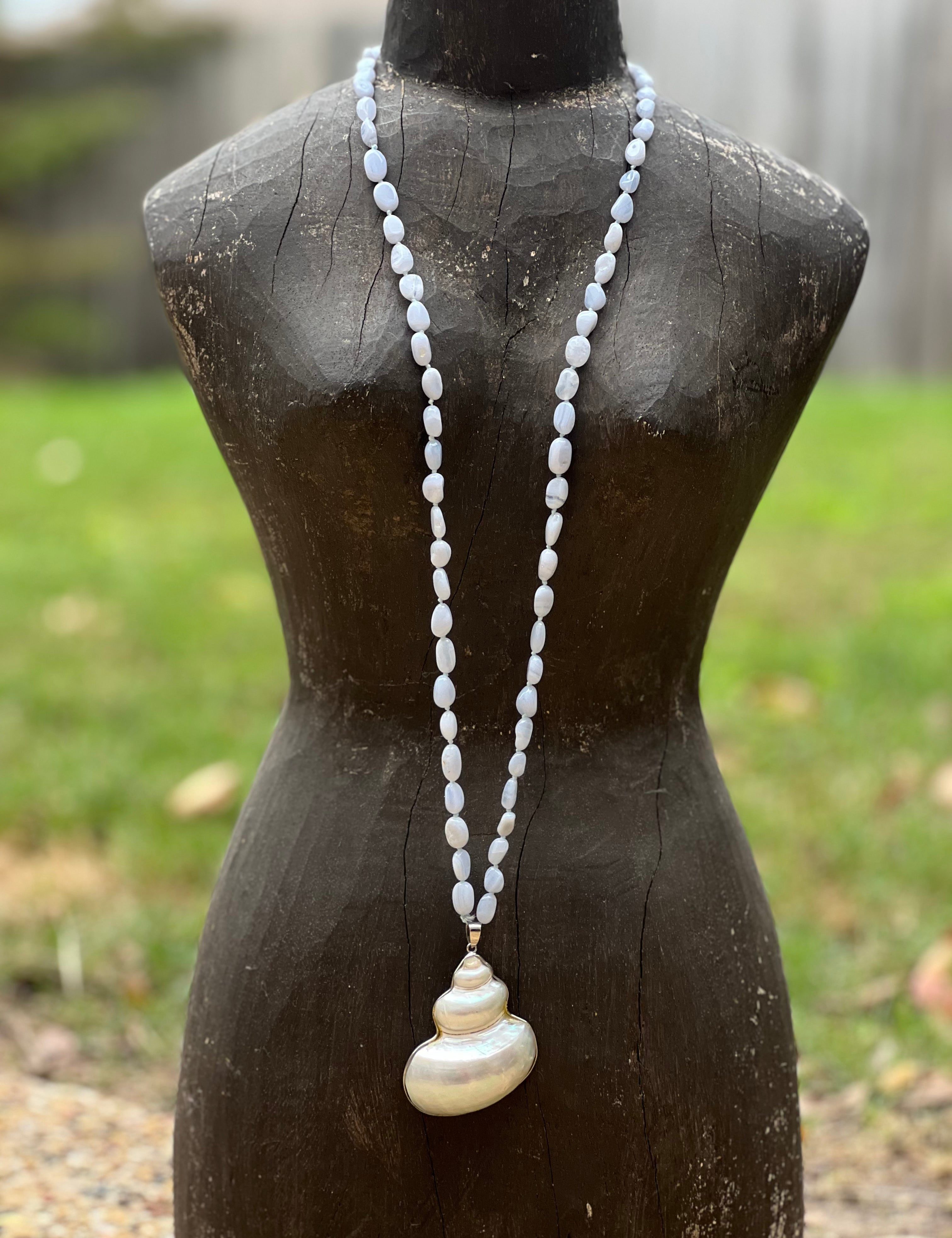 One of a Kind Crazy Lace Agate Mother of Pearl Seashell Hand Knotted Necklace on Simply Obsessed