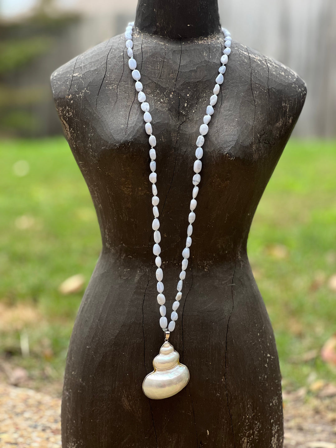 One of a Kind Crazy Lace Agate Mother of Pearl Seashell Hand Knotted Necklace on Simply Obsessed
