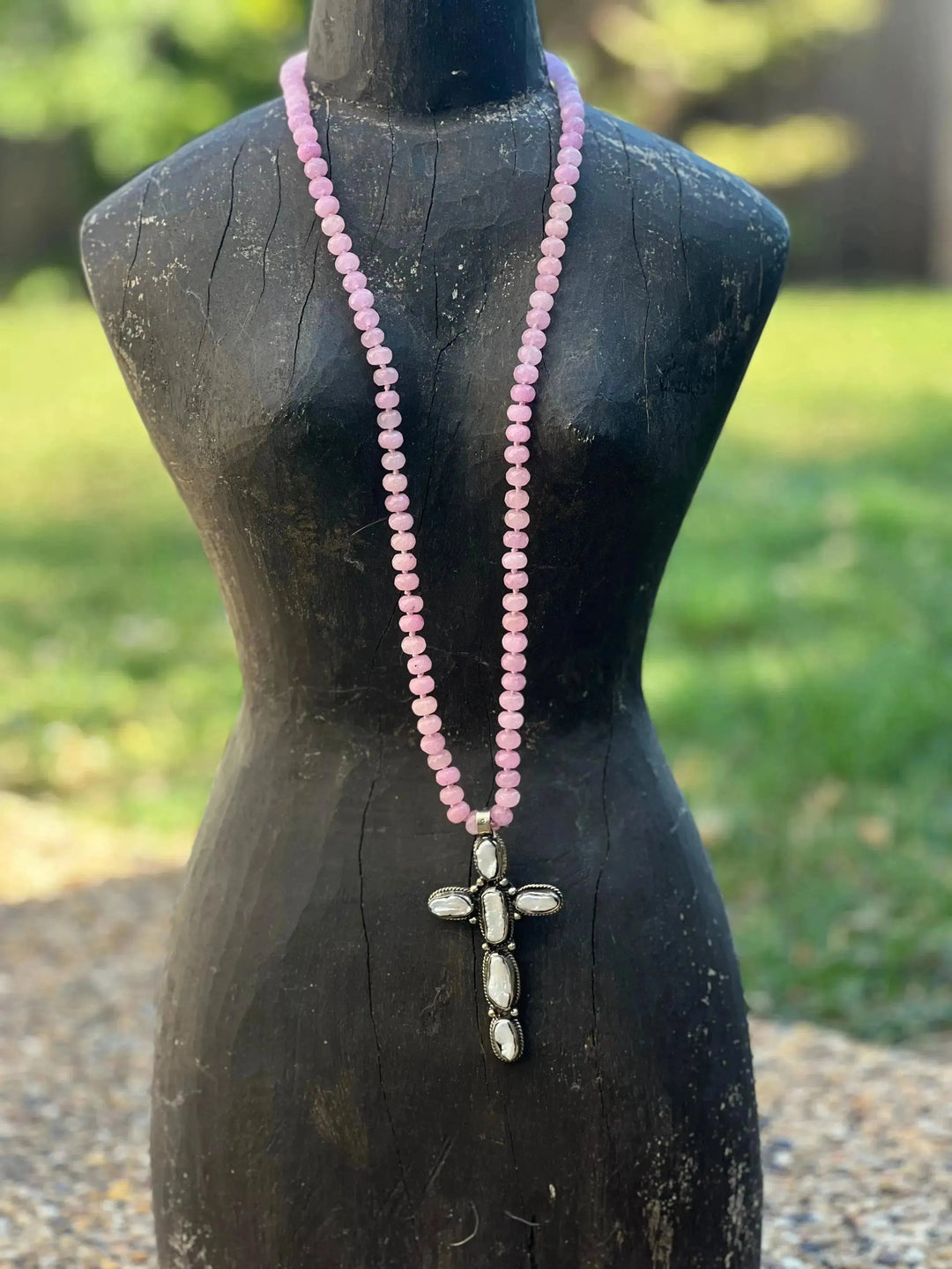 One of a Kind Dyed Jade/Tibetan Silver & Freshwater Pearl Cross Necklace on Simply Obsessed