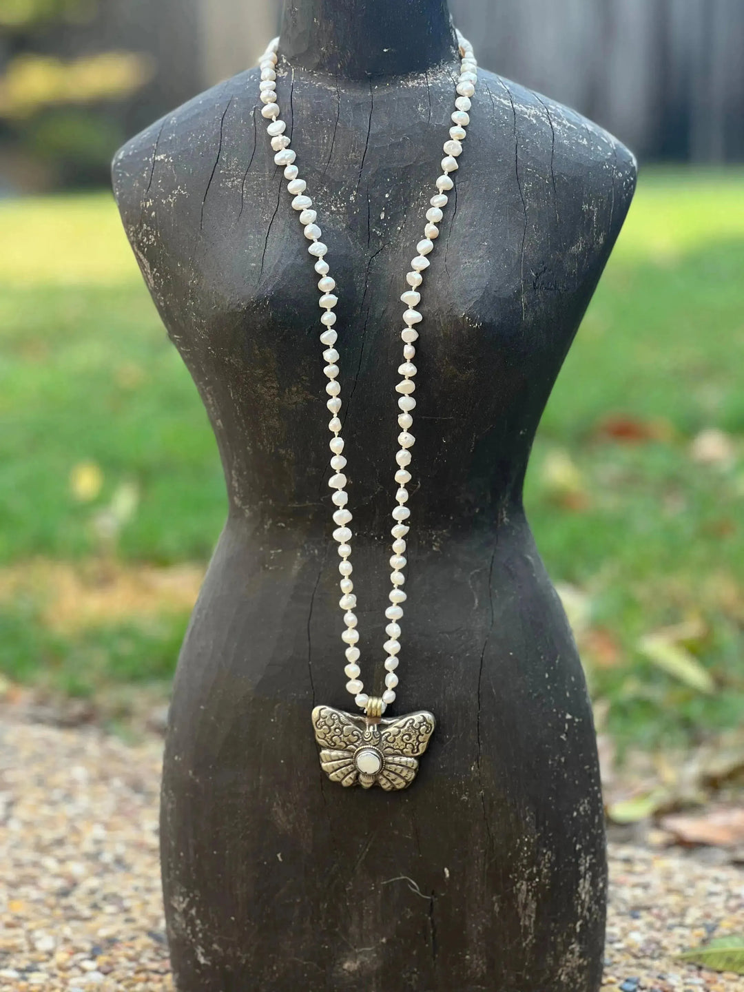 One of a Kind Freshwater Pearl Tibetan Silver Butterfly Necklace on Simply Obsessed