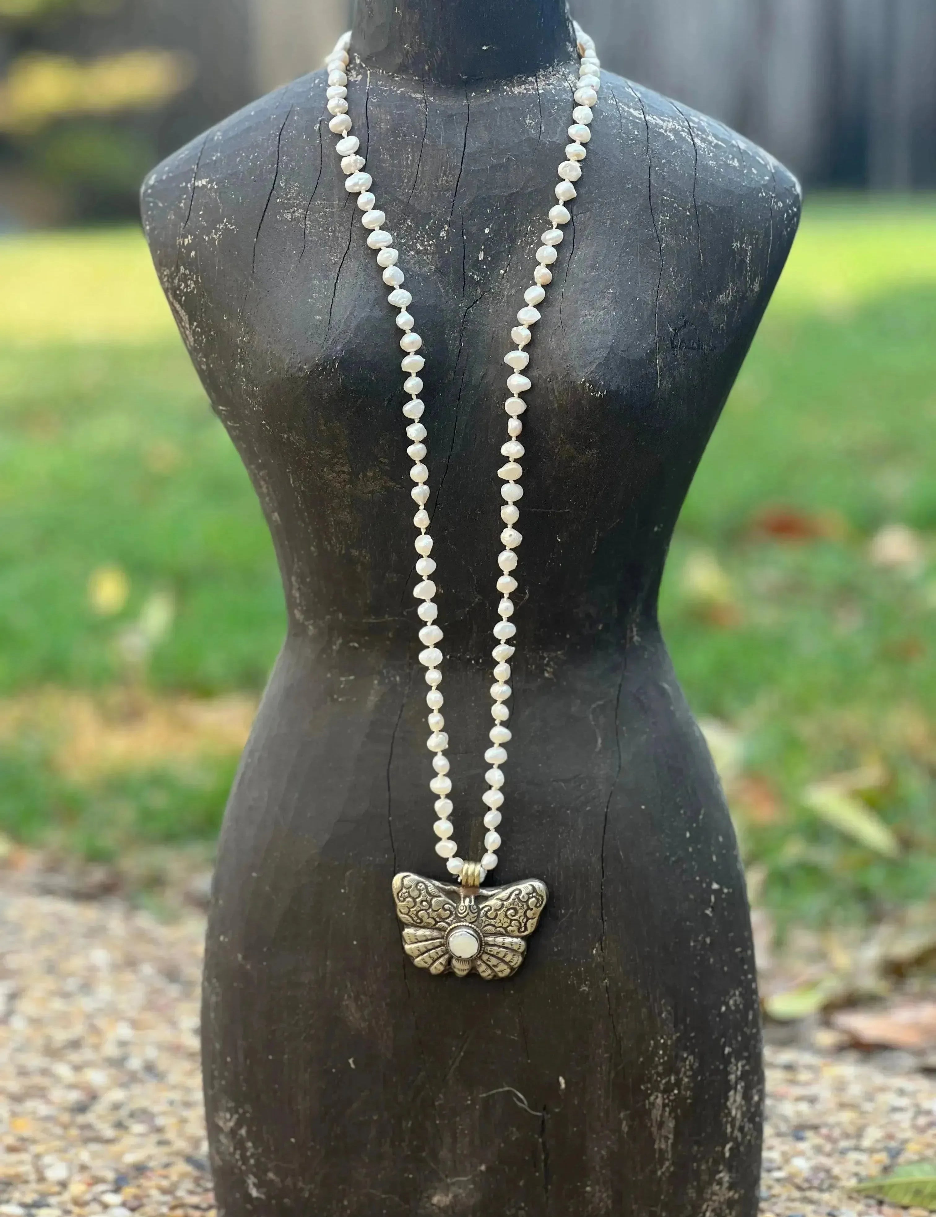 One of a Kind Freshwater Pearl Tibetan Silver Butterfly Necklace on Simply Obsessed