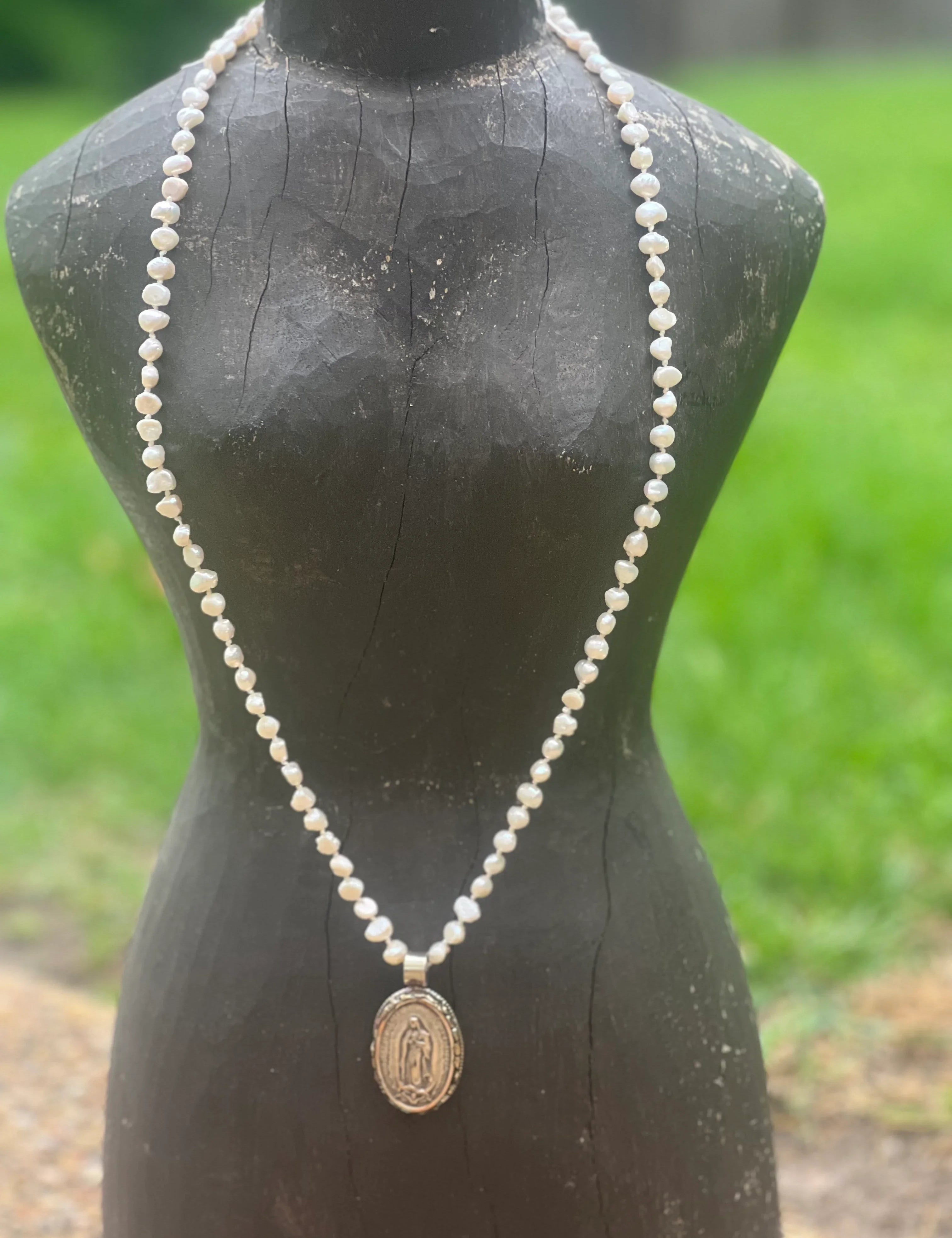 One of a Kind Freshwater Pearl Tibetan Silver Virgin Mary Necklace on Simply Obsessed