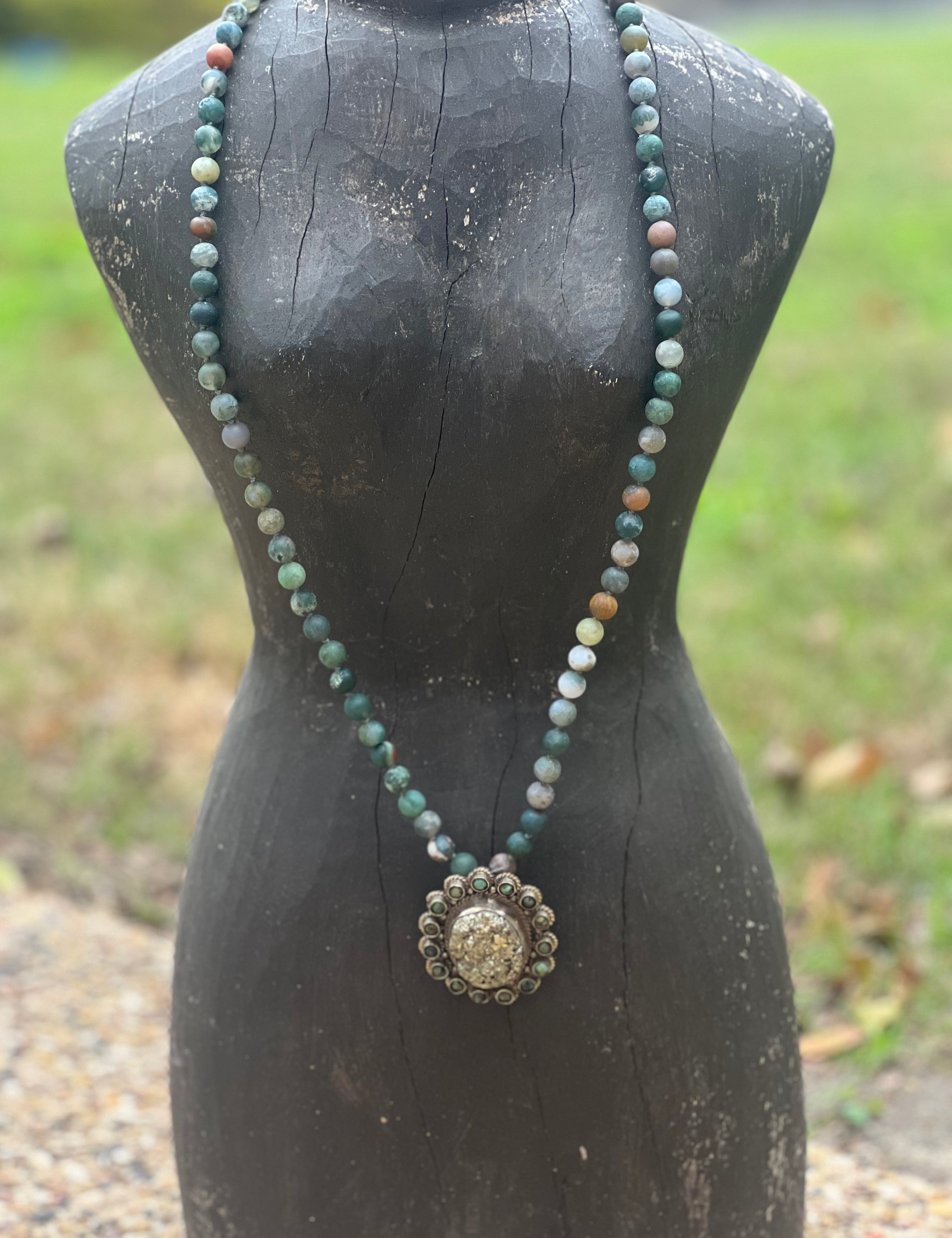 One of a Kind Indian Agate Tibetan Silver Pyrite & African Turquoise Necklace on Simply Obsessed