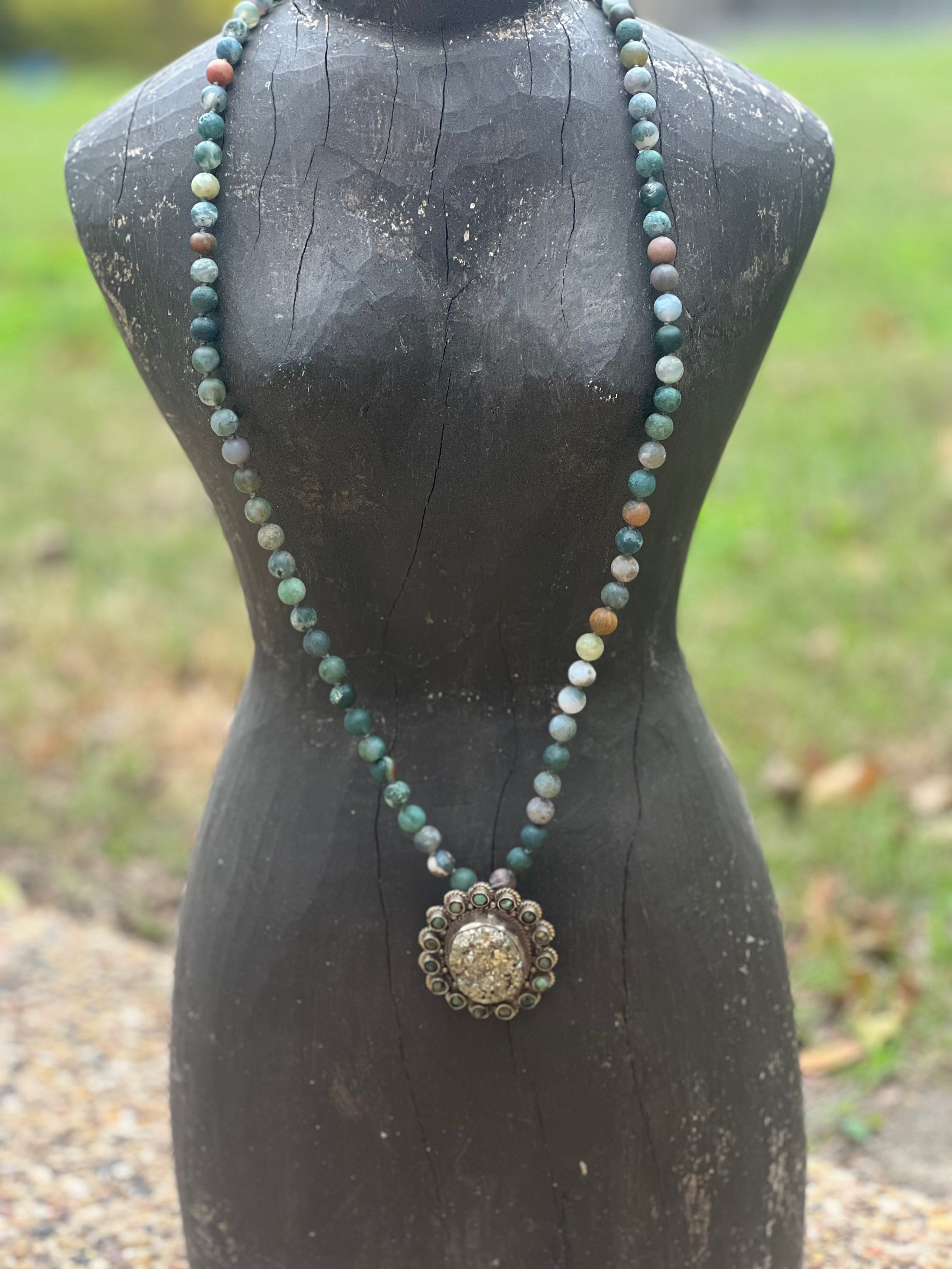 One of a Kind Indian Agate Tibetan Silver Pyrite & African Turquoise Necklace on Simply Obsessed