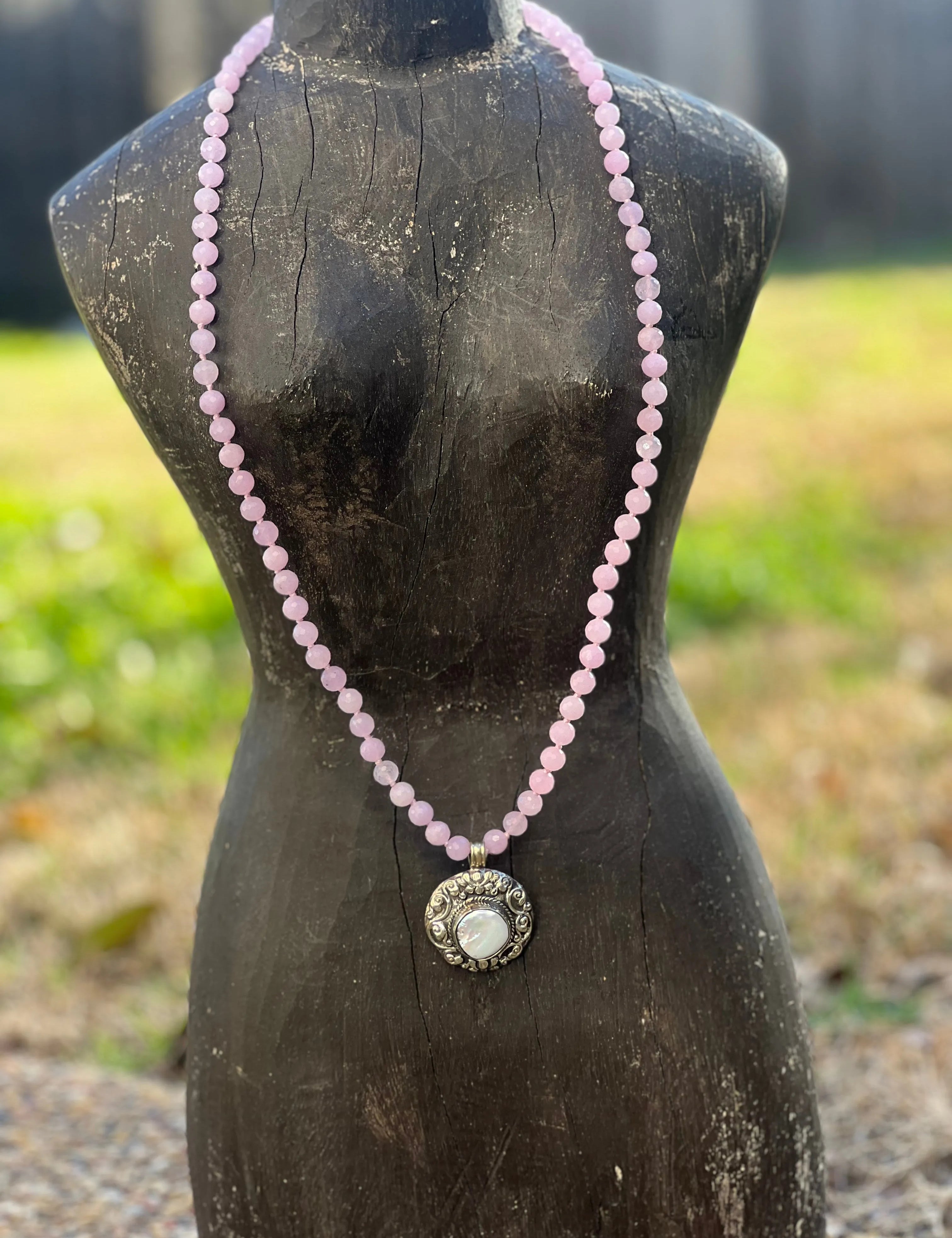 One of a Kind Kunzite Tibetan Silver Freshwater Pearl Pendant Necklace on Simply Obsessed