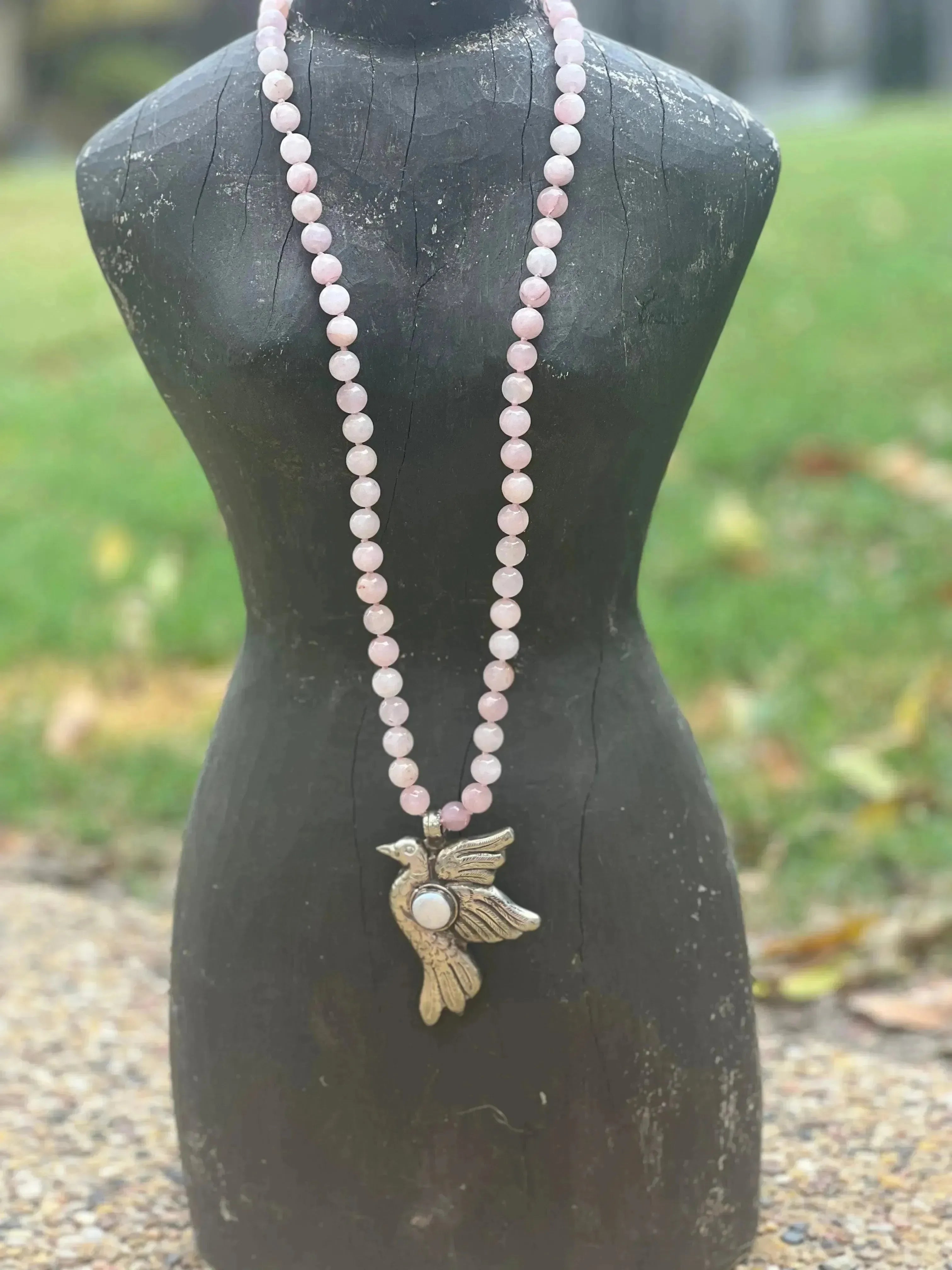 One of a Kind Rose Quartz Tibetan Silver/FW Pearl Bird Necklace on Simply Obsessed