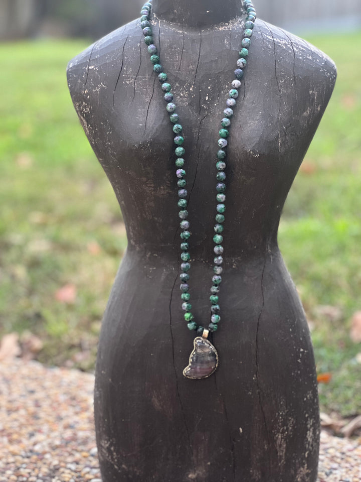 One of a Kind Ruby Zoisite Fluorite & Tibetan Silver Moon Necklace on Simply Obsessed