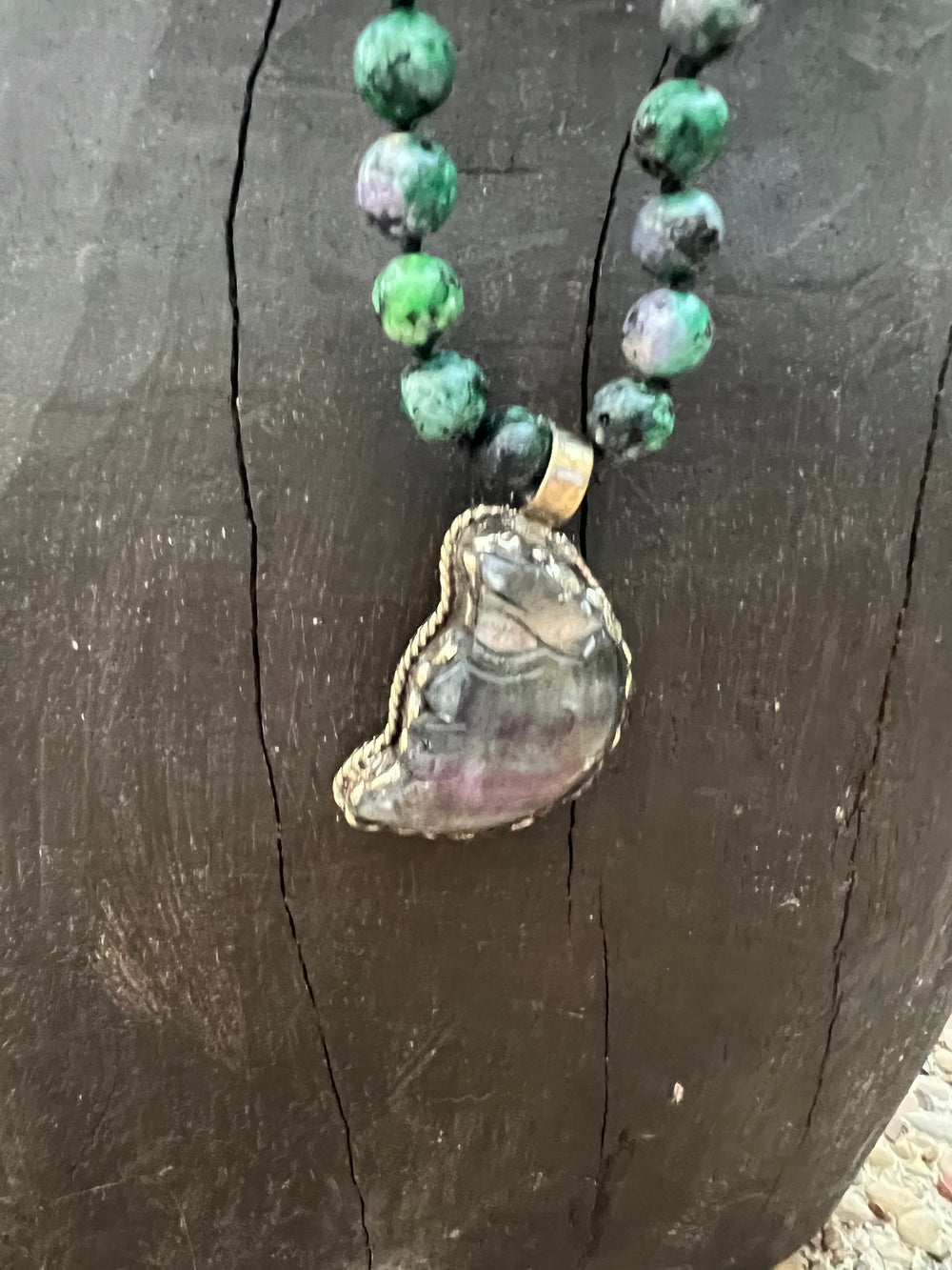 One of a Kind Ruby Zoisite Fluorite & Tibetan Silver Moon Necklace on Simply Obsessed