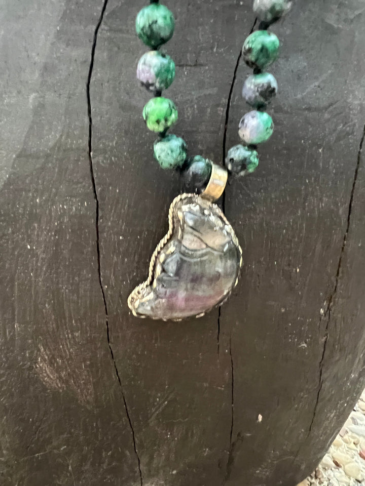 One of a Kind Ruby Zoisite Fluorite & Tibetan Silver Moon Necklace on Simply Obsessed
