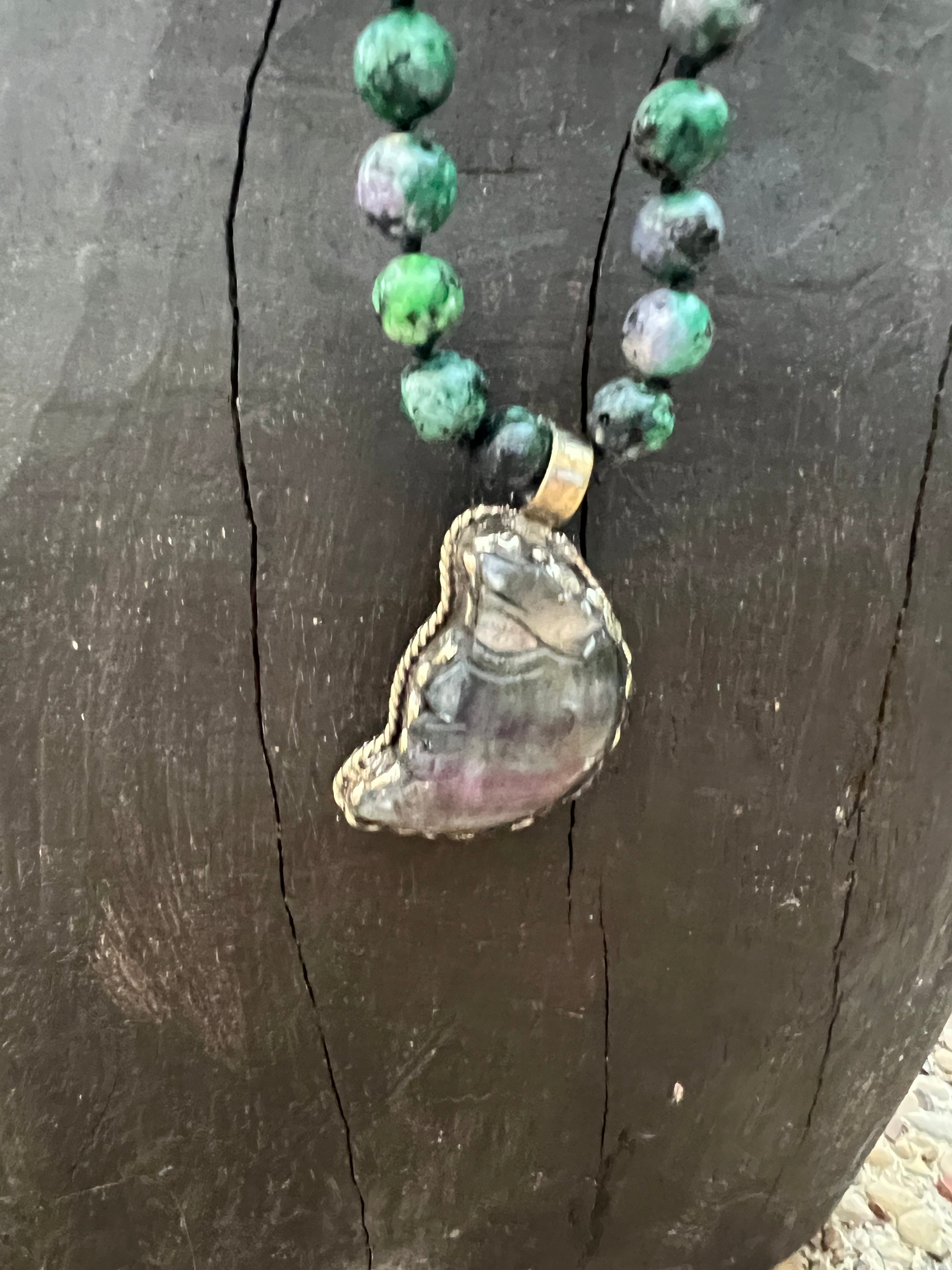 One of a Kind Ruby Zoisite Fluorite & Tibetan Silver Moon Necklace on Simply Obsessed